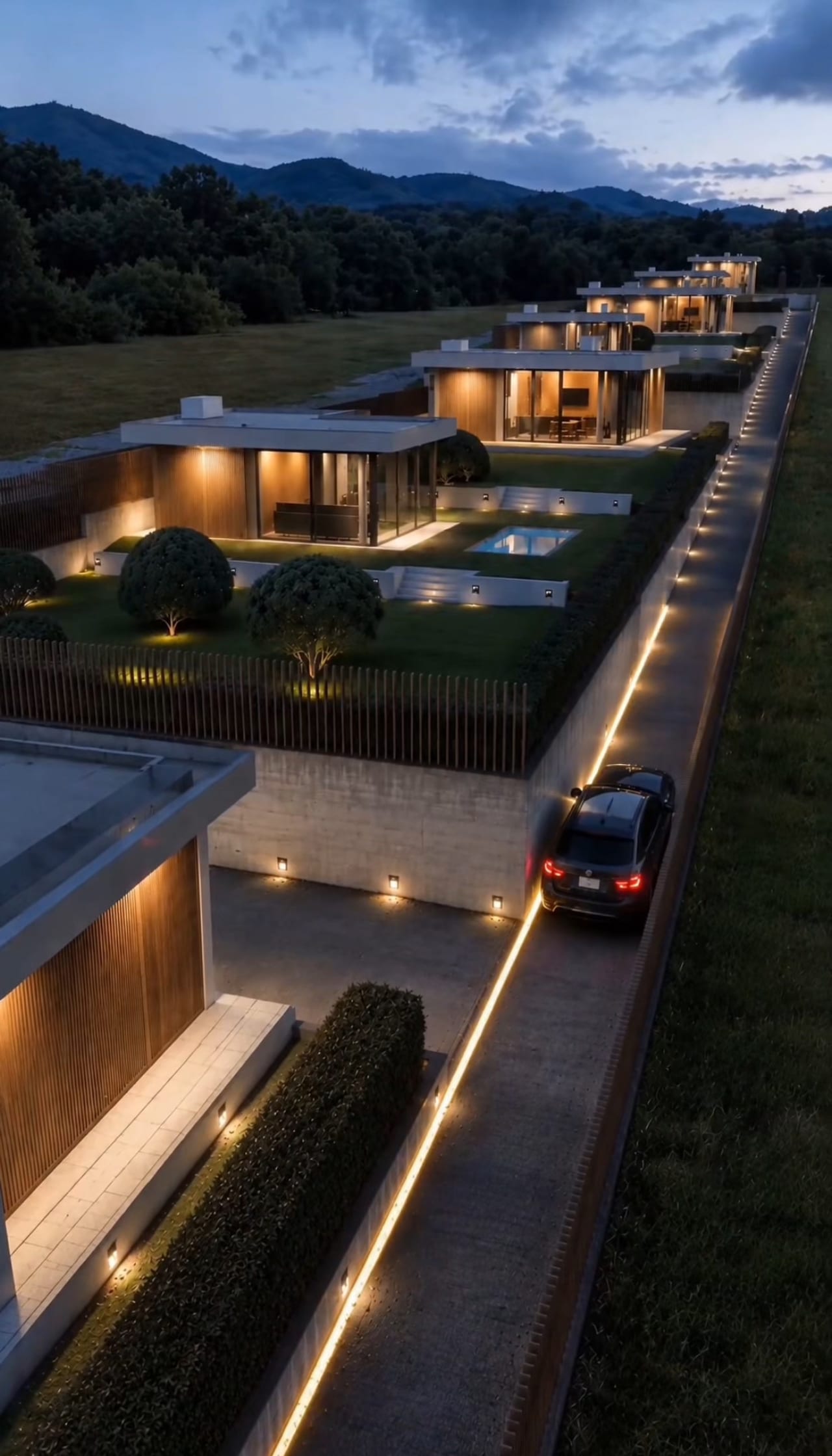 Estate villas along the illuminated private road