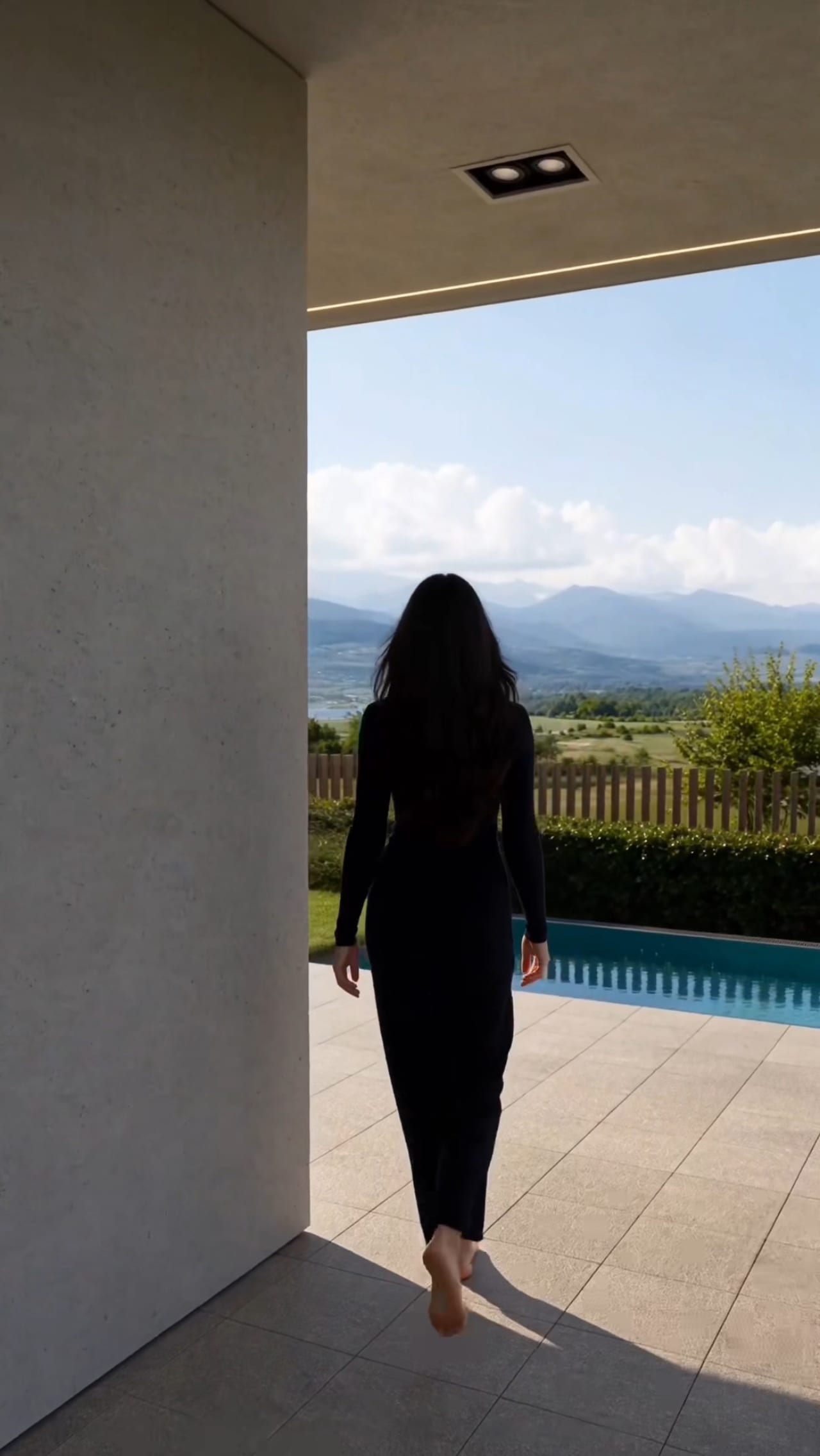 Terrace opening toward the pool and mountains