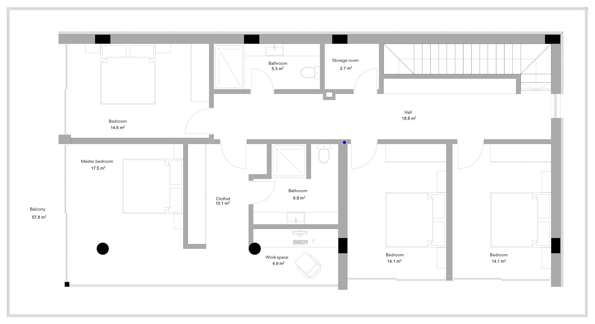 Second floor plan of the 2 Floor Villa, 5 Bedrooms