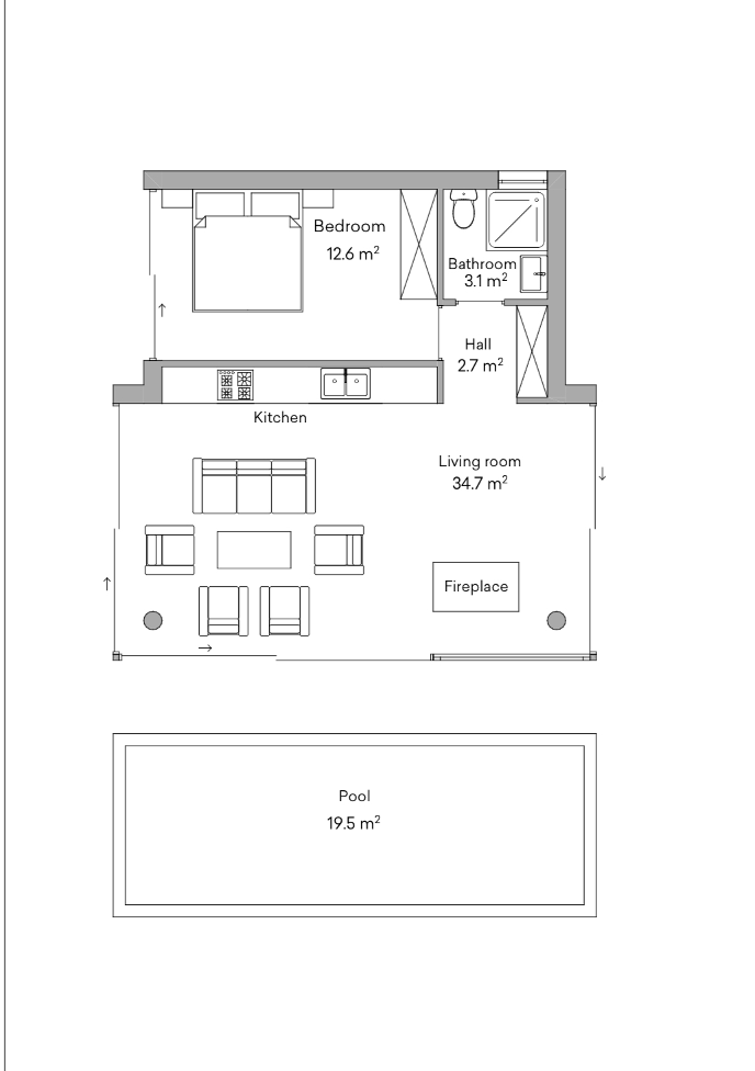 Floor plan of the guesthouse with bedroom, living room, fireplace and pool
