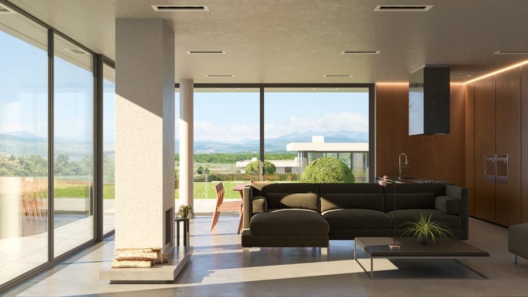 Open-plan living room and kitchen framing the valley view