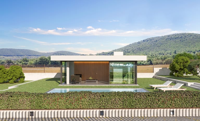 Glass living pavilion opening onto the lap pool with the Bazaleti hills beyond