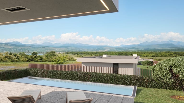 The villa's upper terrace and infinity pool over the Bazaleti lake and mountains
